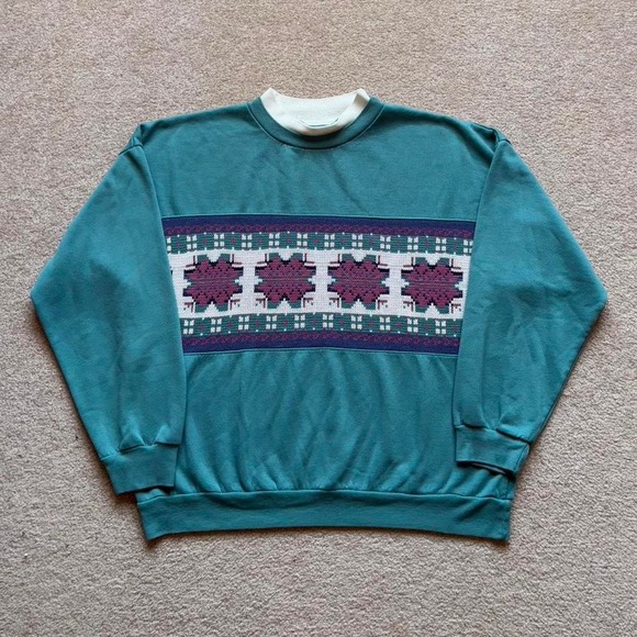 Vintage Grandma Sweater 80s Western Pattern Knit Teal Act‎ III Granny Sweatshirt - Picture 1 of 6